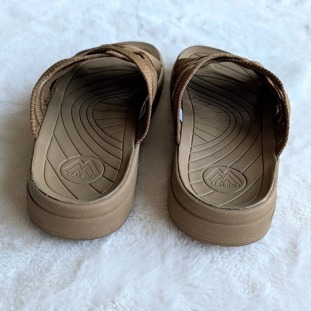 Malibu Sandals Colony Classic Woven Nylon Slides Tan Mens 8 Vegan Water Friendly